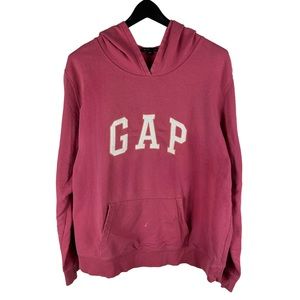 Mens Y2K GAP Pink Spellout Embroidered Patch Pullover Hoodie Size XL